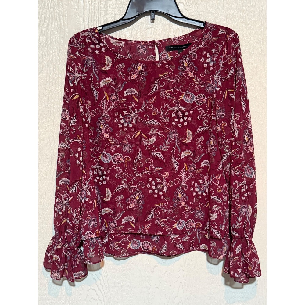 White House Black Market Burgundy Floral Paisley Blouse Bell Sleeve Size 10